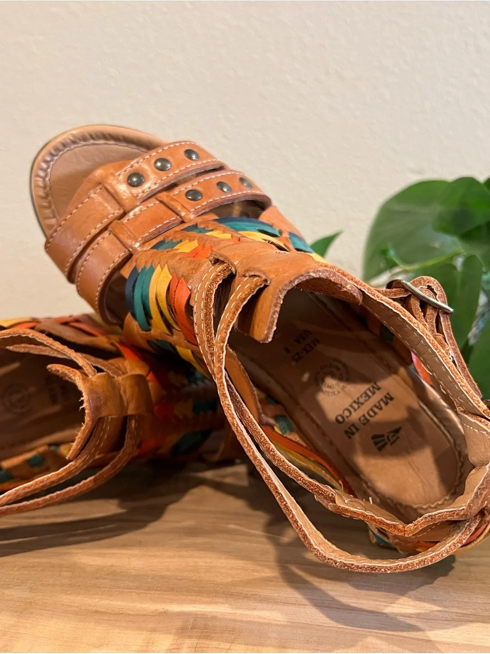 Tan Leather Platform Sandals with Multicolor Woven Accents